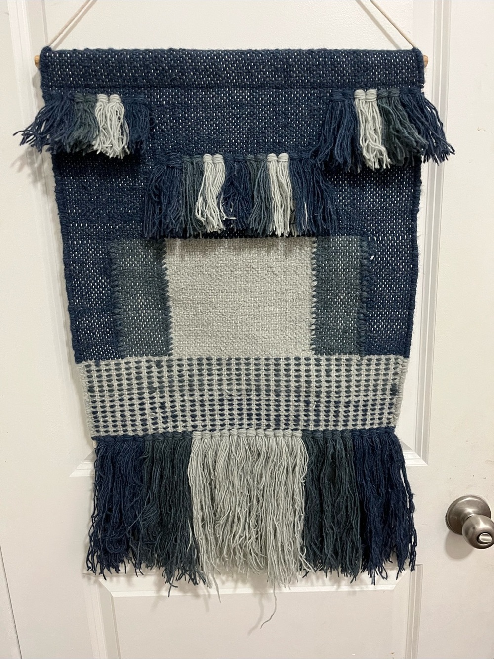 Handwoven Wool Blue and Grey Textured Wall Hanging